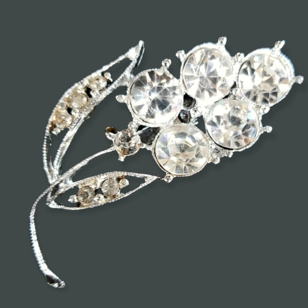Vintage 1950s Mid Century Rhinestone Brooch Silver Tone